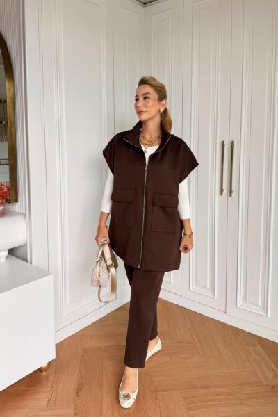 Efsun Pantolonlu Takım Kahverengi