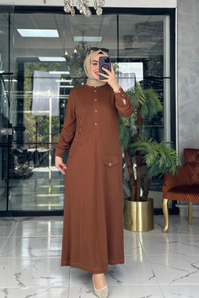 Lase Desenli Elbise Taba