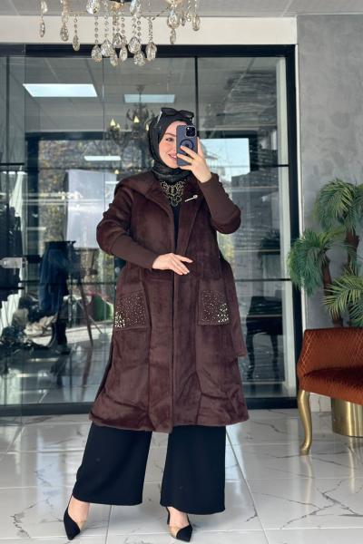 Angora Taşlı Kaban Kahverengi