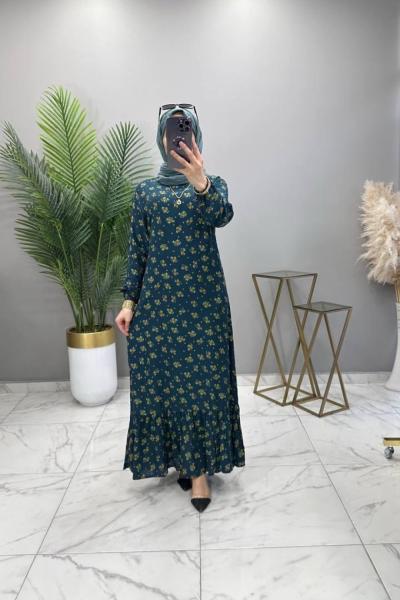 Çiçek Elbise Petrol Yeşili