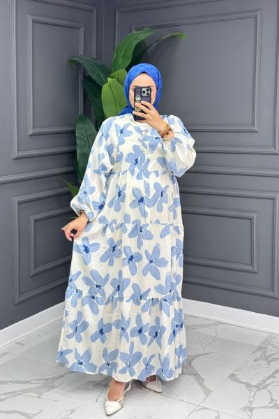 Ahel Çiçekli Elbise - Mavi