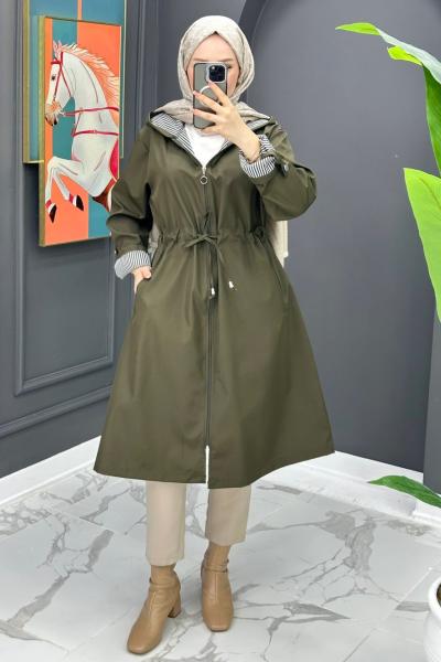 Çizgi Detaylı Trench - Haki