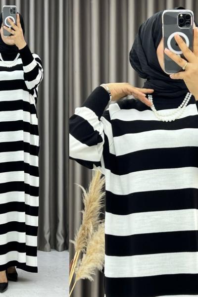 Elya Çizgili Elbise Siyah